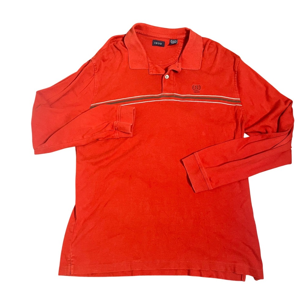 IZOD Mens Long Sleeve Polo Shirt Rust Striped Chest Logo Cotton XL